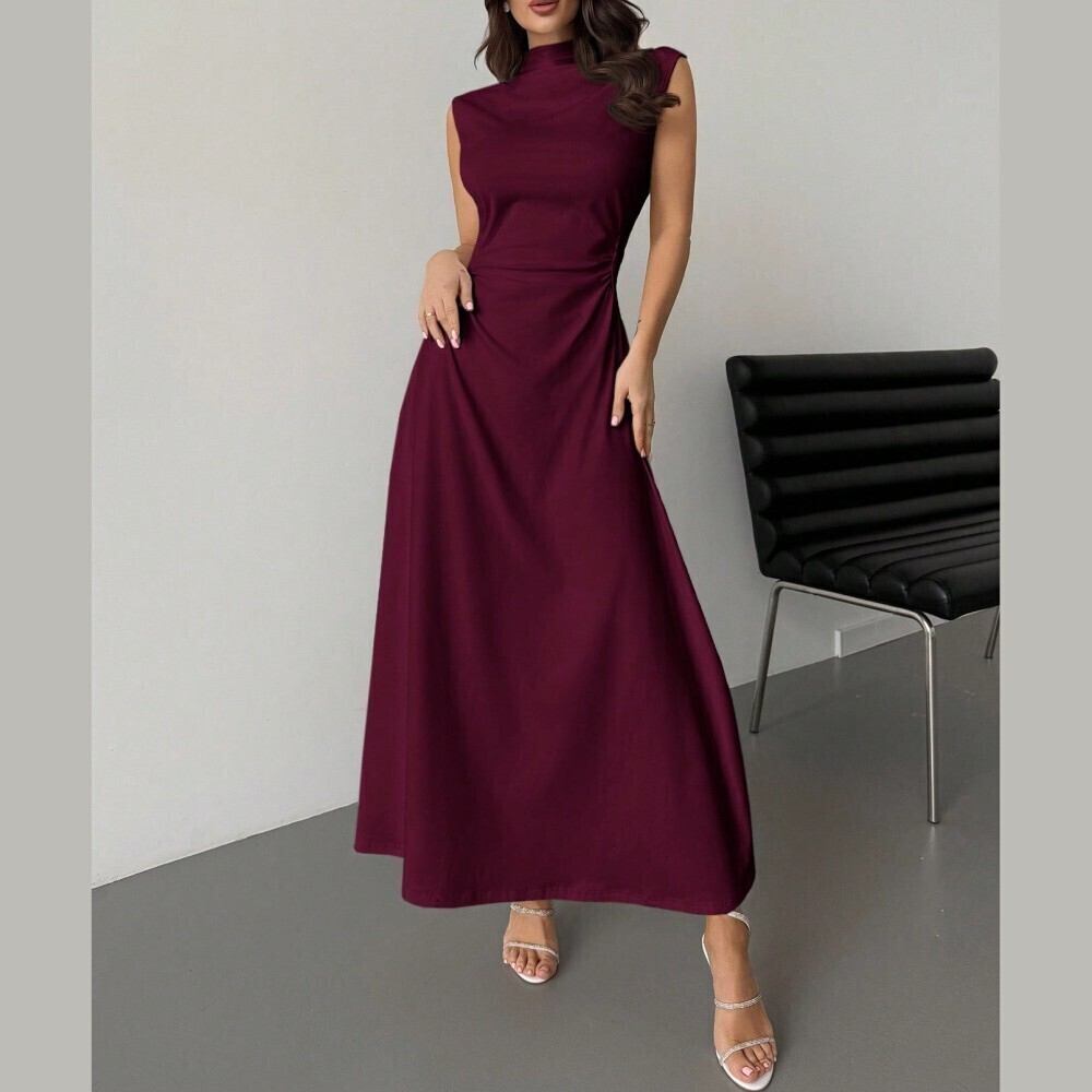 Burgundy Ruched Waist Stand Collar Cap Sleeve A-Line Maxi Dress